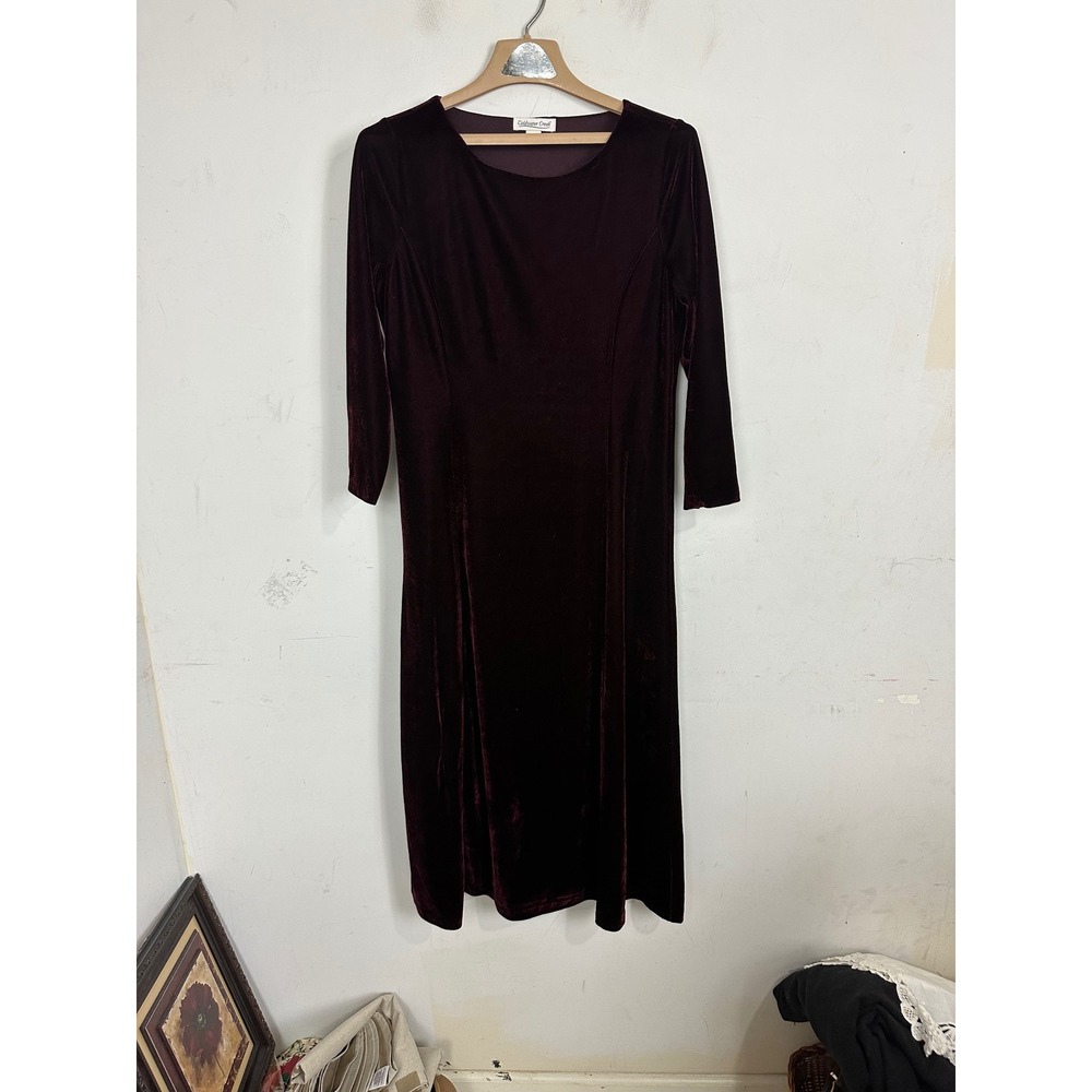 Coldwater Creek Burgundy Velvet Midi Dress 3/4 Sleeve Wine Red Small